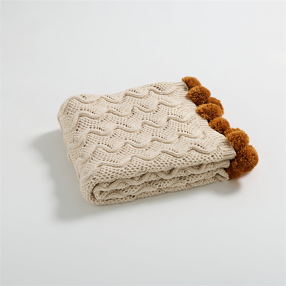 Rustic Charm Cable Knit Decorative Throw with Pom-Poms 50 x 60" - Beige, Rust