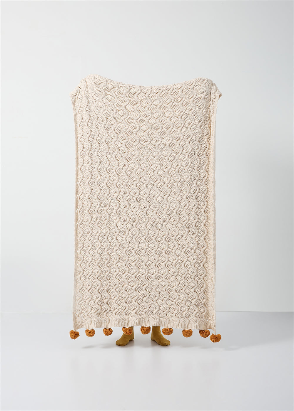 Rustic Charm Cable Knit Decorative Throw with Pom-Poms 50 x 60" - Beige, Rust