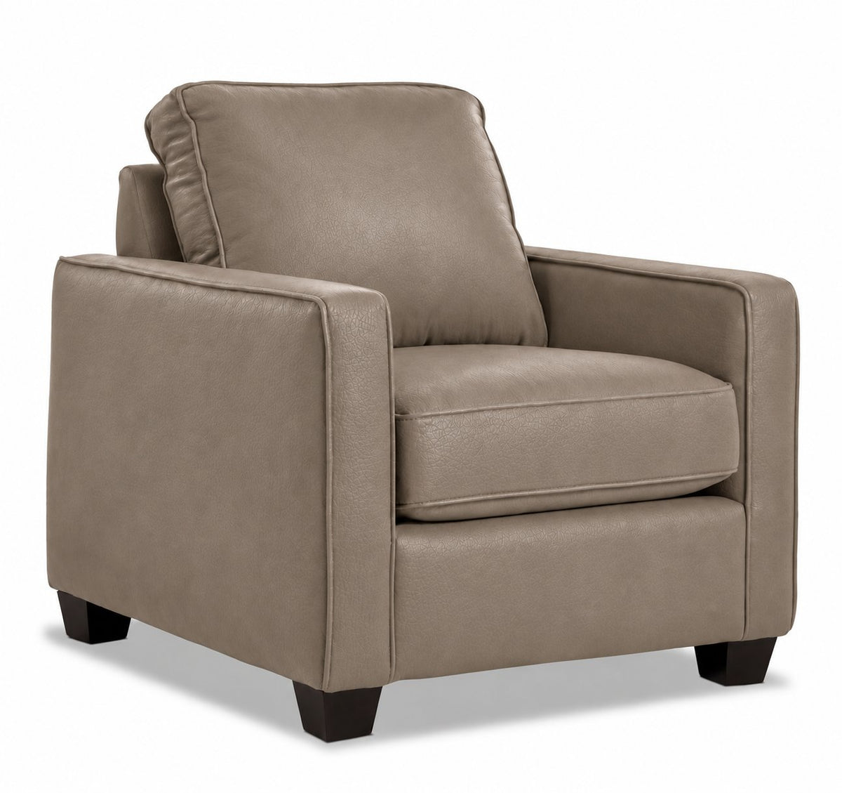 City Leather Chair - Stone in a three-quarter view with a box seat cushion, cushioned back and dark wood legs