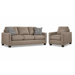 City Leather Sofa and Chair Set - Stone with matching leather seating, patterned accent pillows and dark wood legs