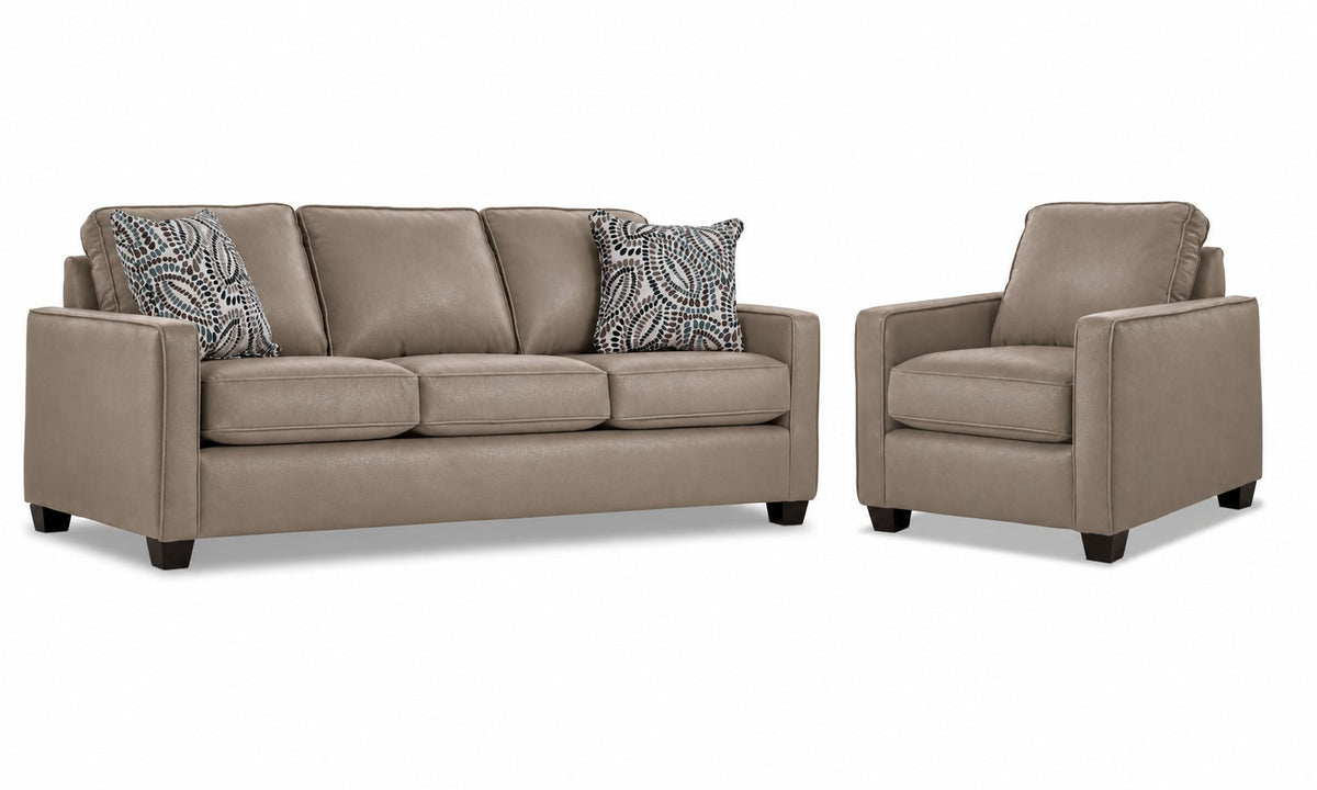 City Leather Sofa and Chair Set - Stone with matching leather seating, patterned accent pillows and dark wood legs