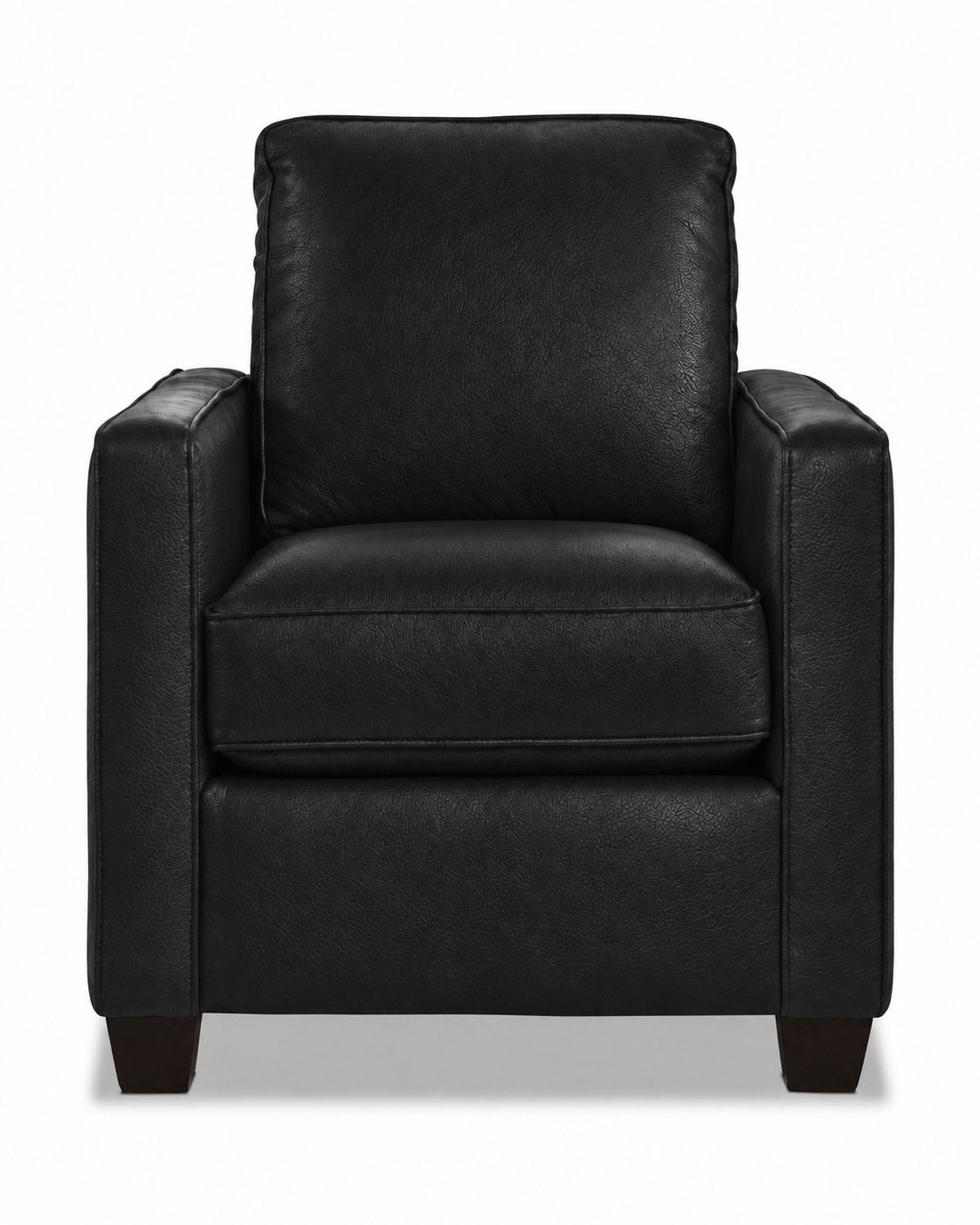 City Leather Chair - Black front view with a padded back cushion, piped seat cushion, slim track arms and dark wood legs