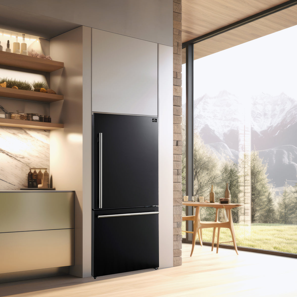 Forno Premium Black Kitchen Package with Range, Bottom Freezer Refrigerator and Range Hood - FBDL-001-02CA