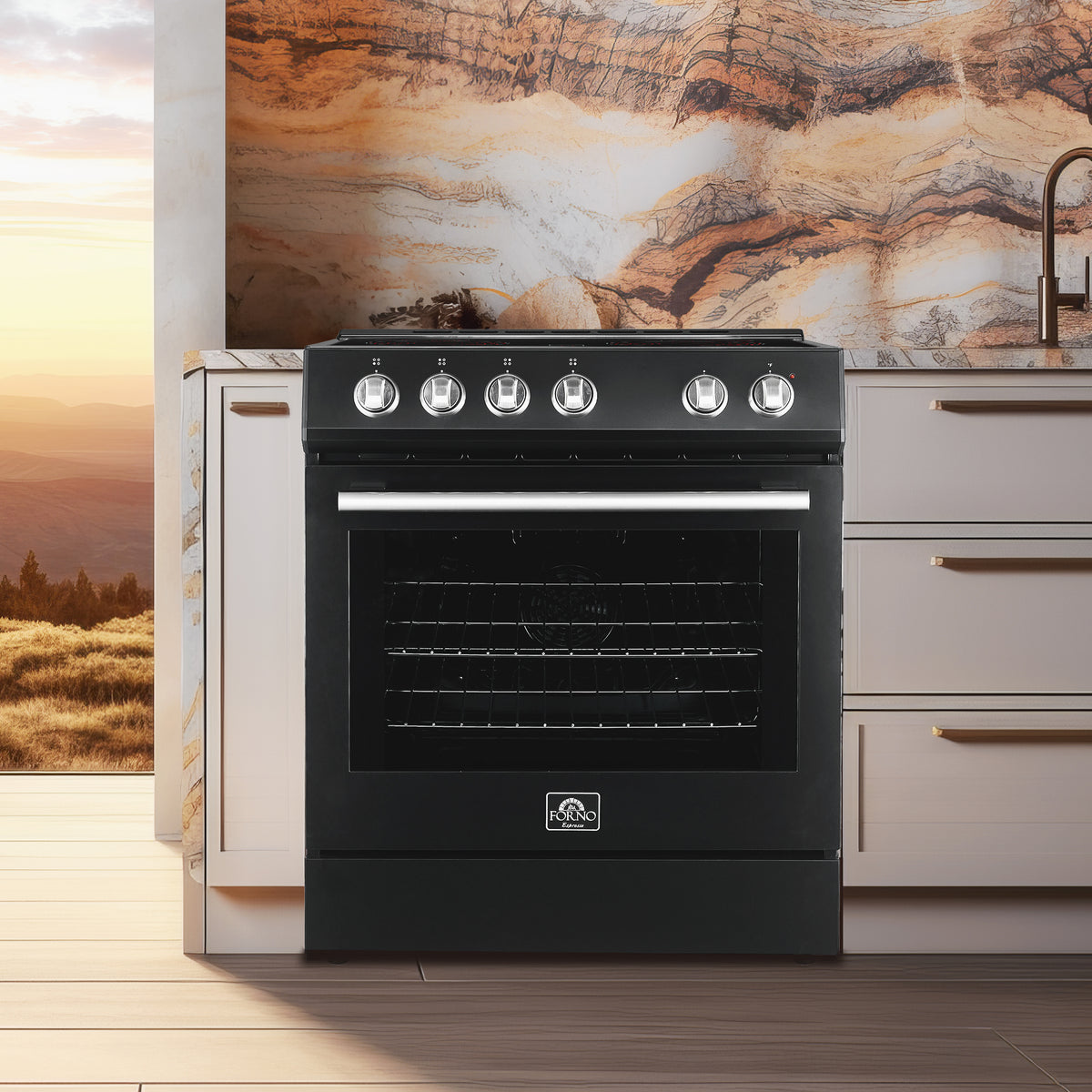 Forno Premium Black Kitchen Package with Range, Bottom Freezer Refrigerator and Range Hood - FBDL-001-02CA