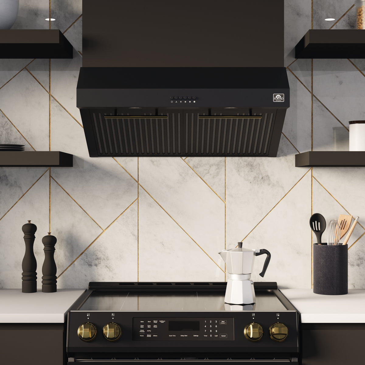 Forno Premium Black Kitchen Package with Range, Bottom Freezer Refrigerator and Range Hood - FBDL-001-02CA