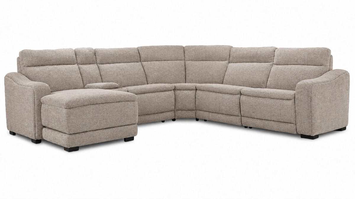 Madison 6-Piece Dual Power Reclining Sectional with Left-Facing Chaise - Beige shown at an angle with cushioned seating, console and chaise