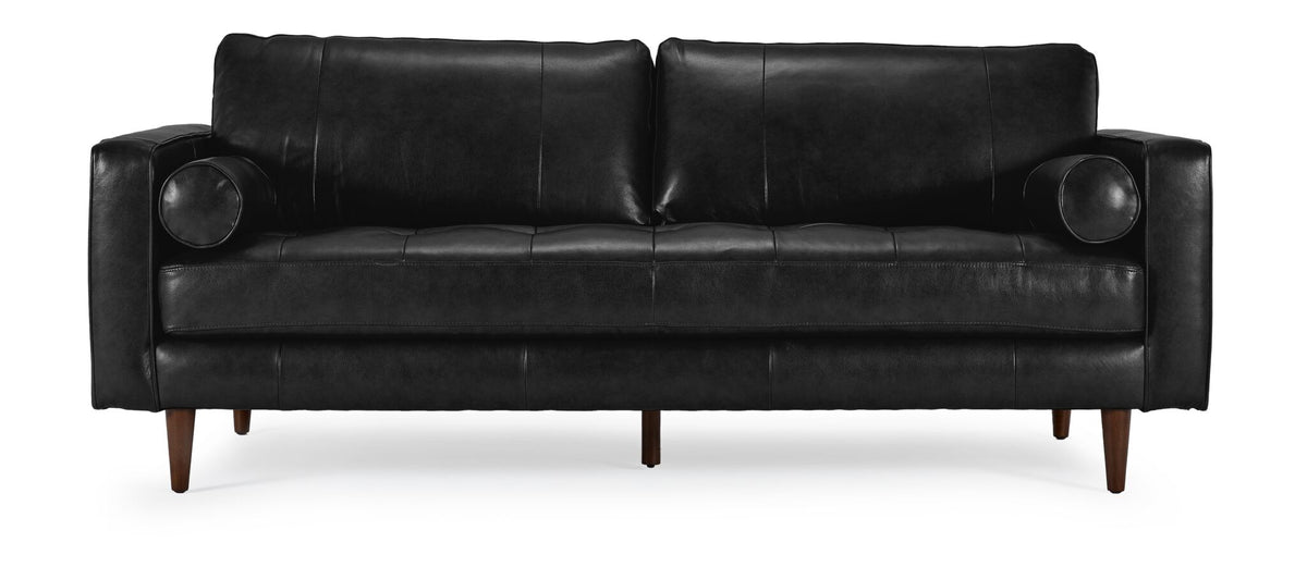 Front view of black Bari Leather Sofa with deep tufted seat, two back cushions and bolster pillows.