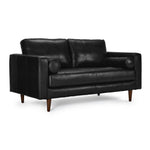 Bari Leather Loveseat in black with tufted seating, two plush back cushions, bolster pillows and wood legs.