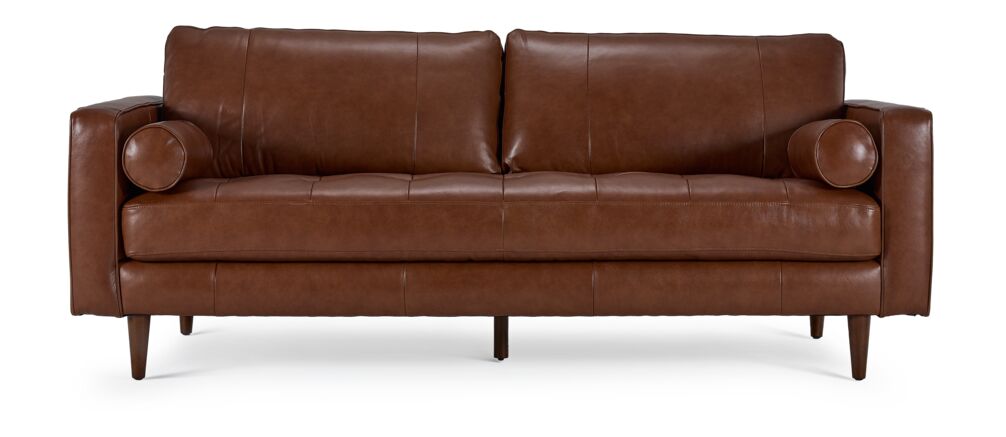 Front view of Bari Leather Sofa in cobblestone brown with two back cushions, tufted bench seat, bolster pillows and tapered wood legs