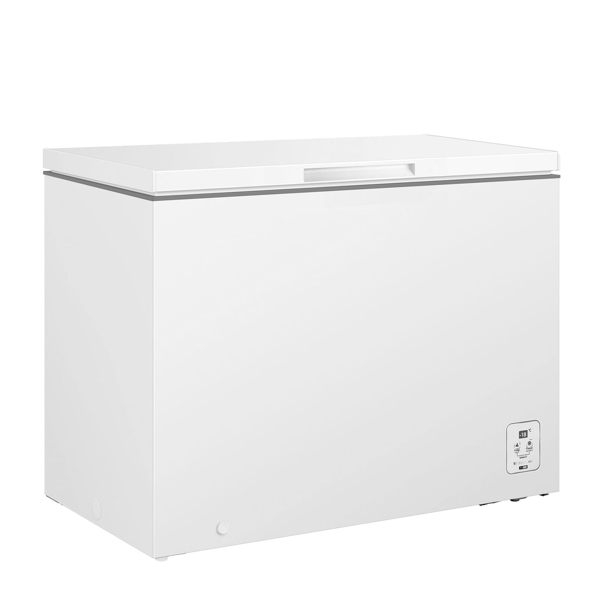 Three-quarter view of Hisense white 10.5 cu. ft. garage ready convertible chest freezer with closed lid, recessed handle and front temperature control panel