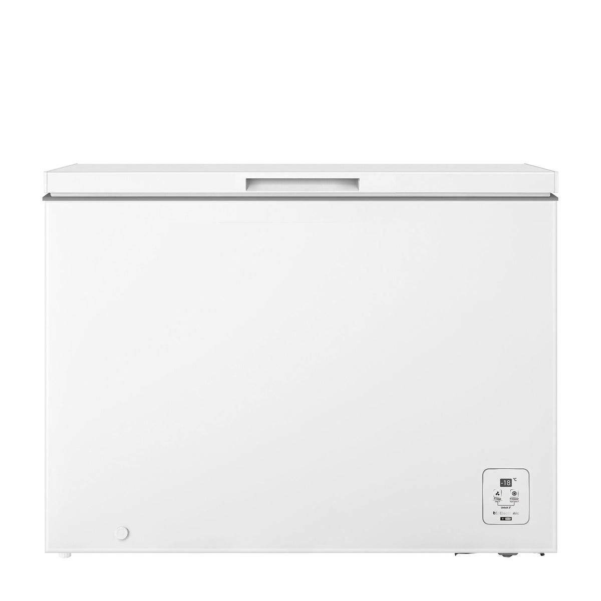 Front view of Hisense white 10.5 cu. ft. garage ready convertible chest freezer with closed lid, recessed handle and digital temperature control panel