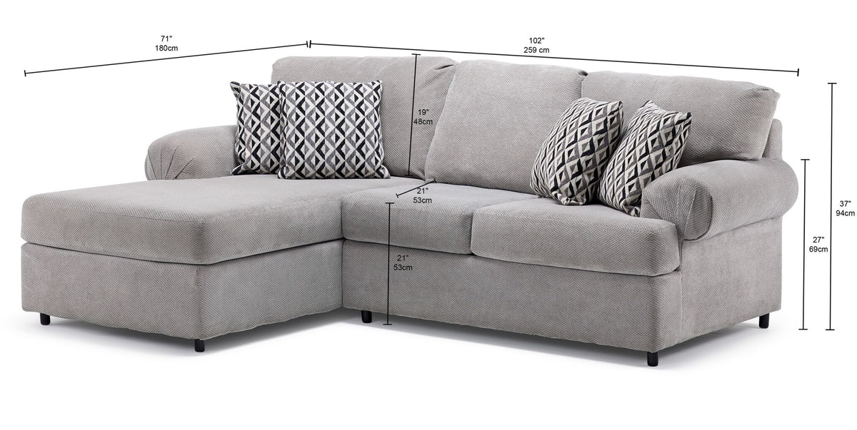 Jupiter 2-Piece Sectional with Left-Facing Chaise - Ash Grey shown with product dimensions and seating measurements