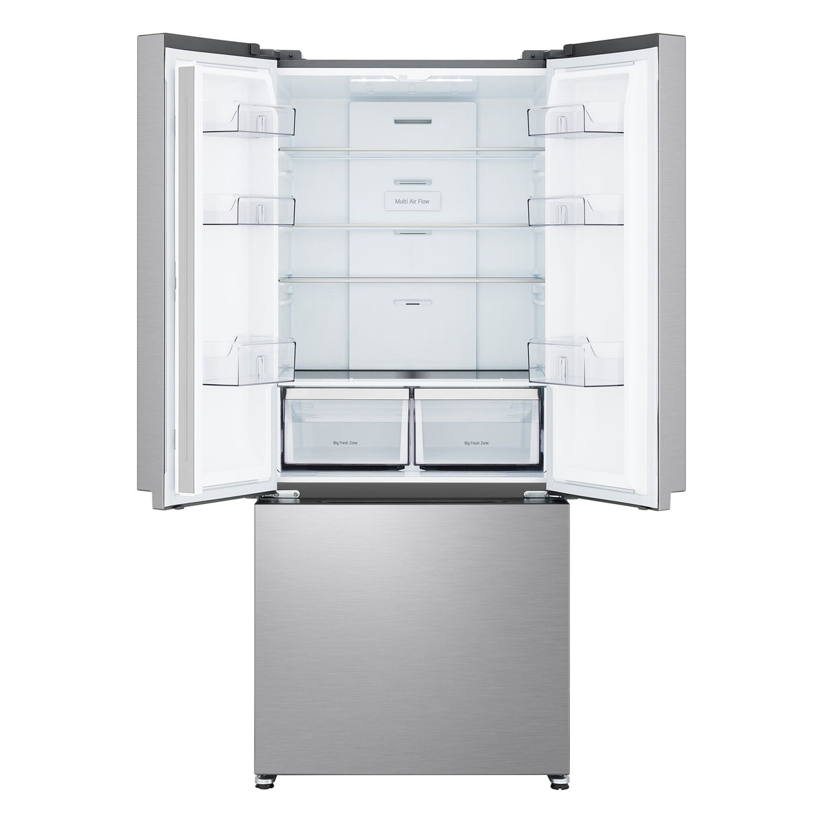 LG French Door Refrigerator with both upper doors open, showing glass shelves, door bins and two fresh food drawers