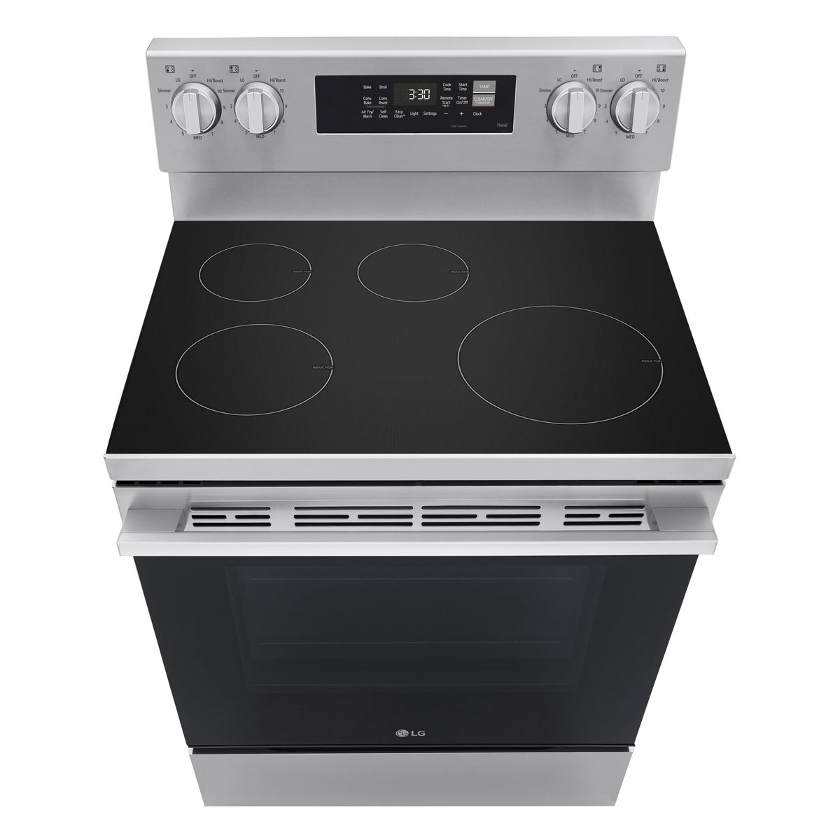 Angled top view of LG induction range showing four cooking zones, rear control knobs and digital oven controls
