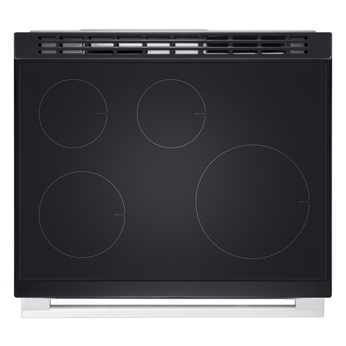 Top view of LG induction range black glass cooktop with four induction cooking zones