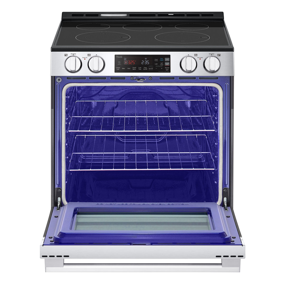 LG electric slide-in range with oven door open, showing spacious blue EasyClean oven interior and two racks