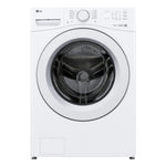 LG white ultra large capacity front load washer straight-on view with closed door