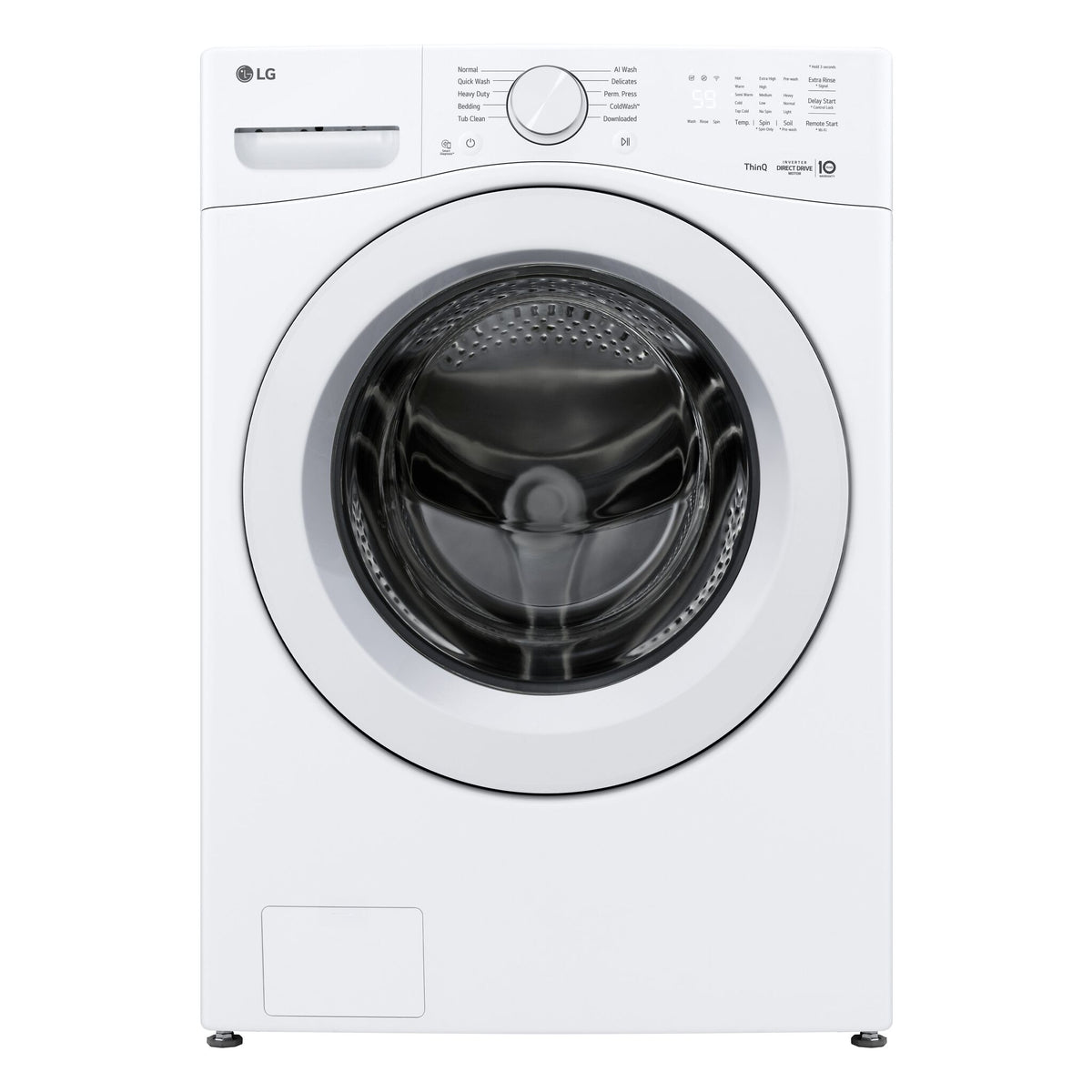LG white ultra large capacity front load washer straight-on view with closed door