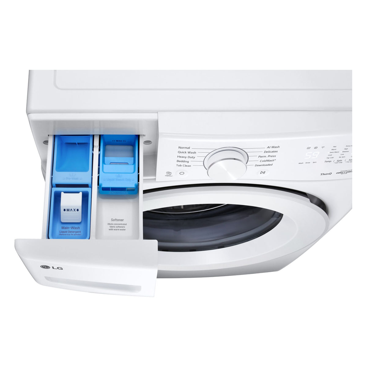 Close-up of LG front load washer open detergent dispenser tray with blue inserts