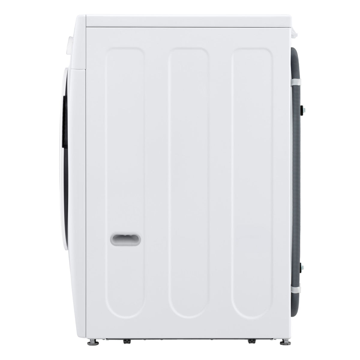 LG white front load washer direct side profile view with drain hose attached