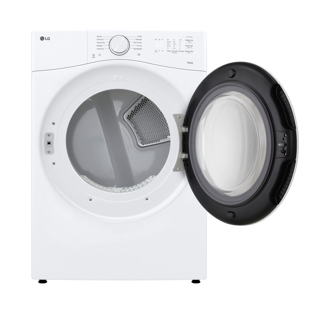 LG white electric dryer with door fully open showing interior drum cavity