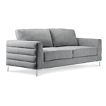 Micah light grey sofa with track arms, three seat cushions, chrome legs and angled front view