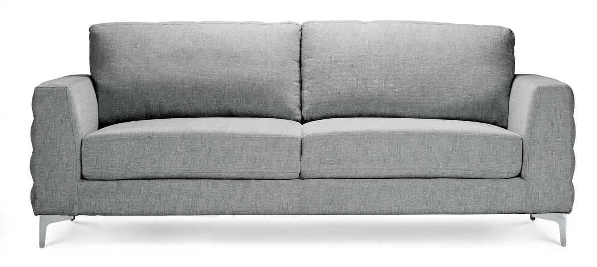 Micah light grey sofa with track arms, loose back cushions, fixed seat cushions and chrome legs