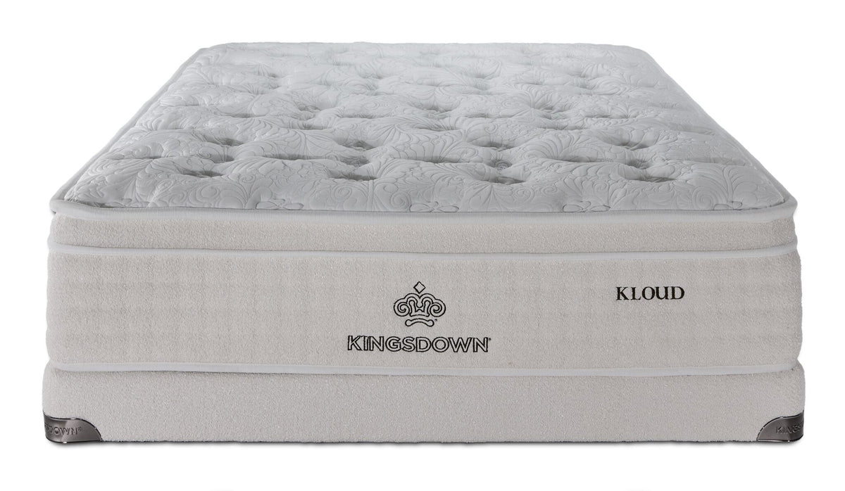 Front view of Kingsdown Atmosphere Plush Euro Top Full mattress on matching low profile boxspring