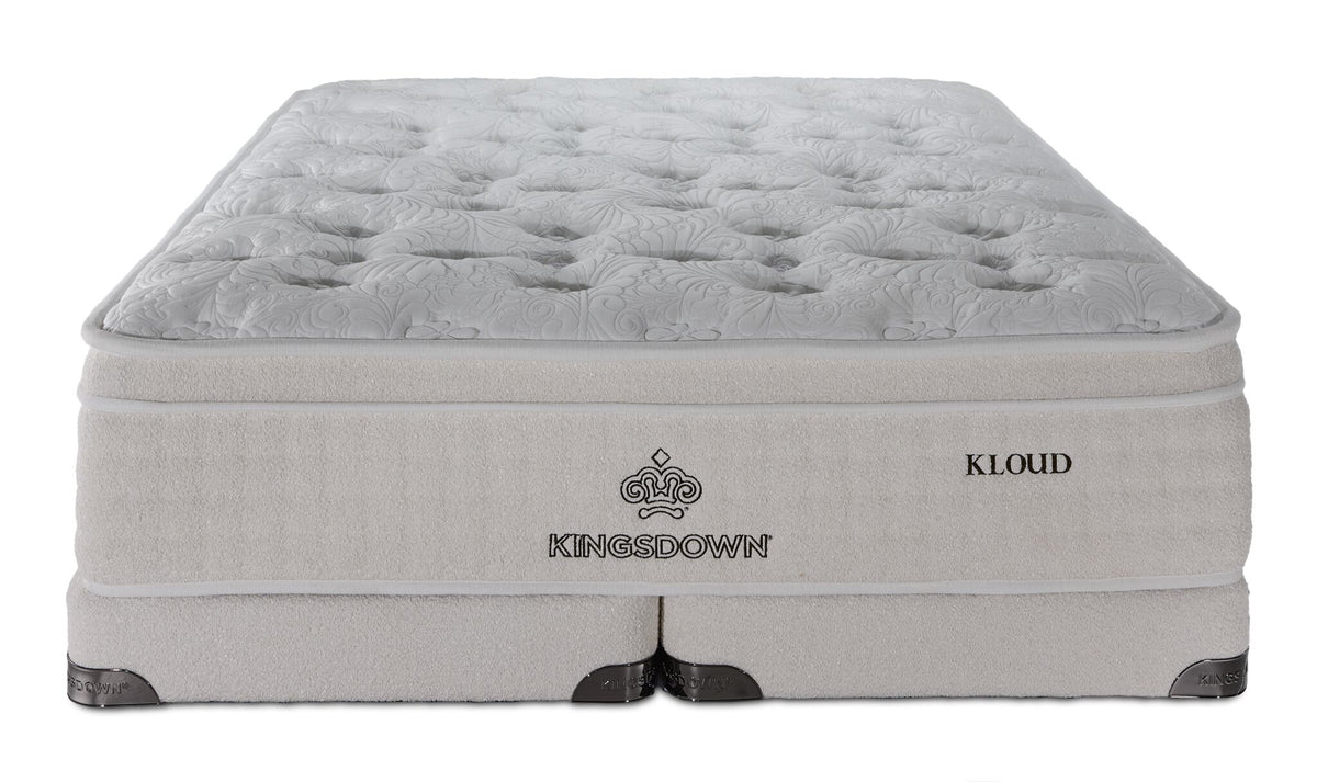 Front view of Kingsdown Mist Medium Euro Top king mattress with two cream split low-profile boxsprings