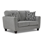 Moncton light grey loveseat with two seat cushions, flared arms, dark tapered legs and angled front view