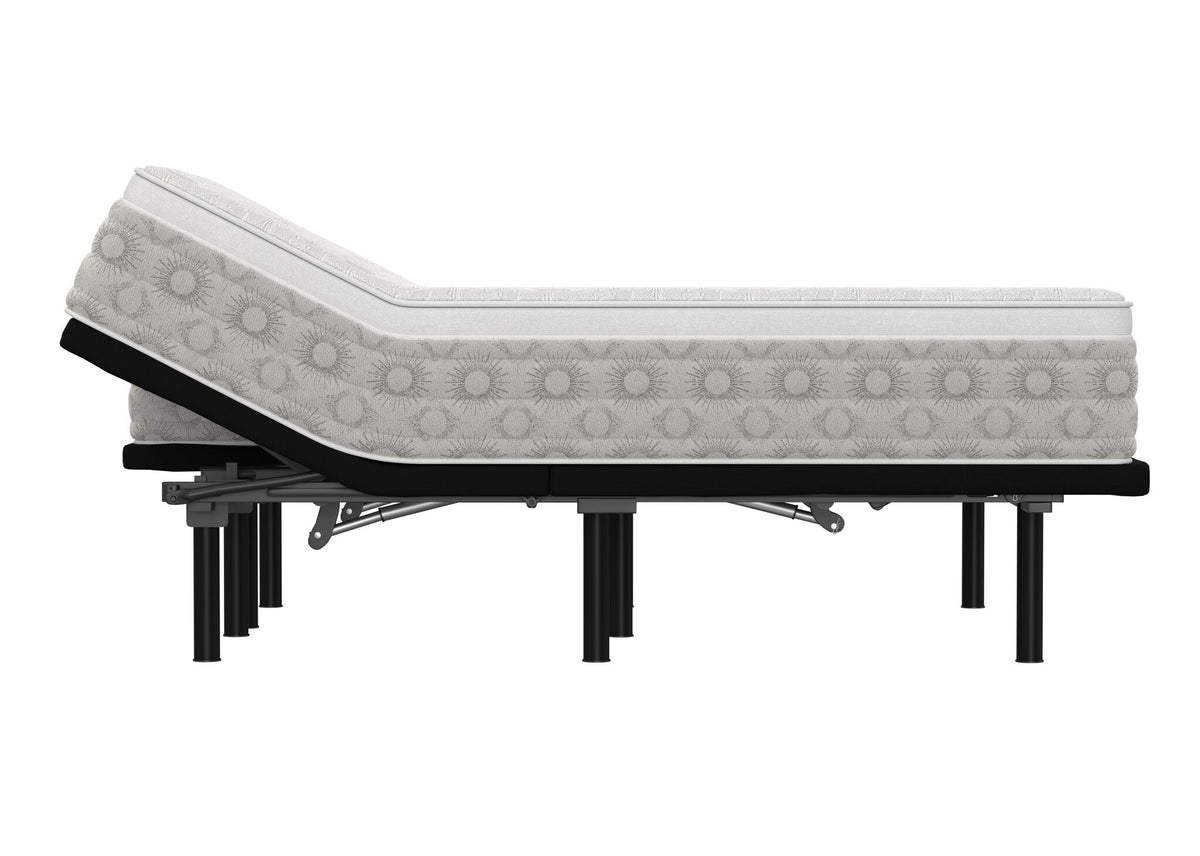 Side view of the Kingsdown Quinlan Plush Euro Top queen split-head mattress with the head raised