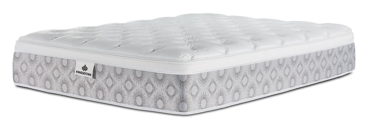 Kingsdown Quinlan Plush Euro Top king mattress with a white tufted top and grey patterned sides