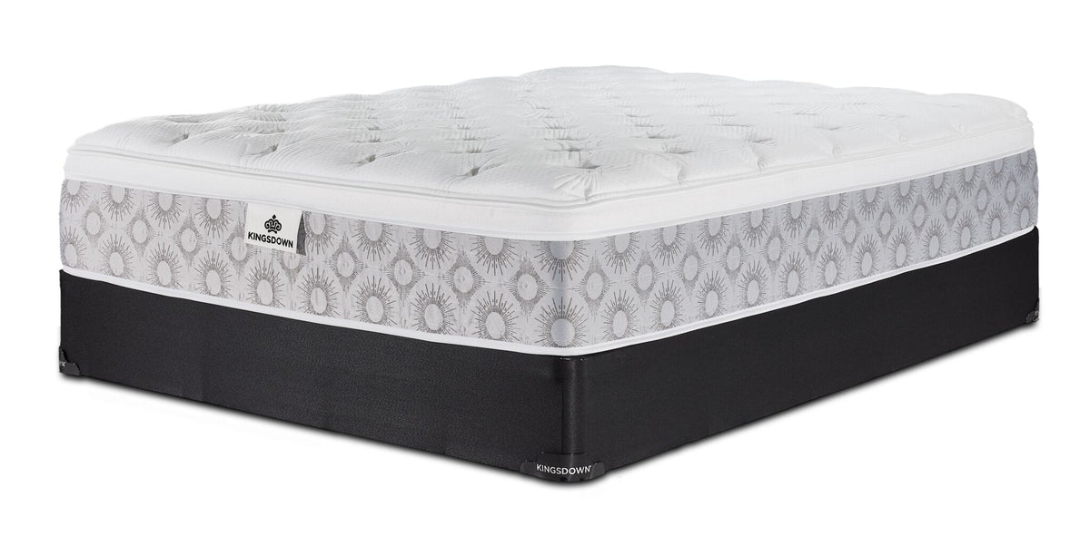 Kingsdown Quinlan Plush Euro Top twin mattress and black boxspring set, shown at an angle