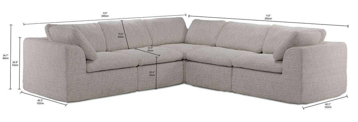 Bliss beige 5-piece boneless sectional dimensions: 112 by 112 inches, 40.2 inches deep and 34.7 inches high