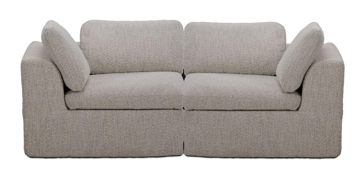 Front view of the Bliss beige modular compressed loveseat with polyester upholstery and two foam-cushioned seats