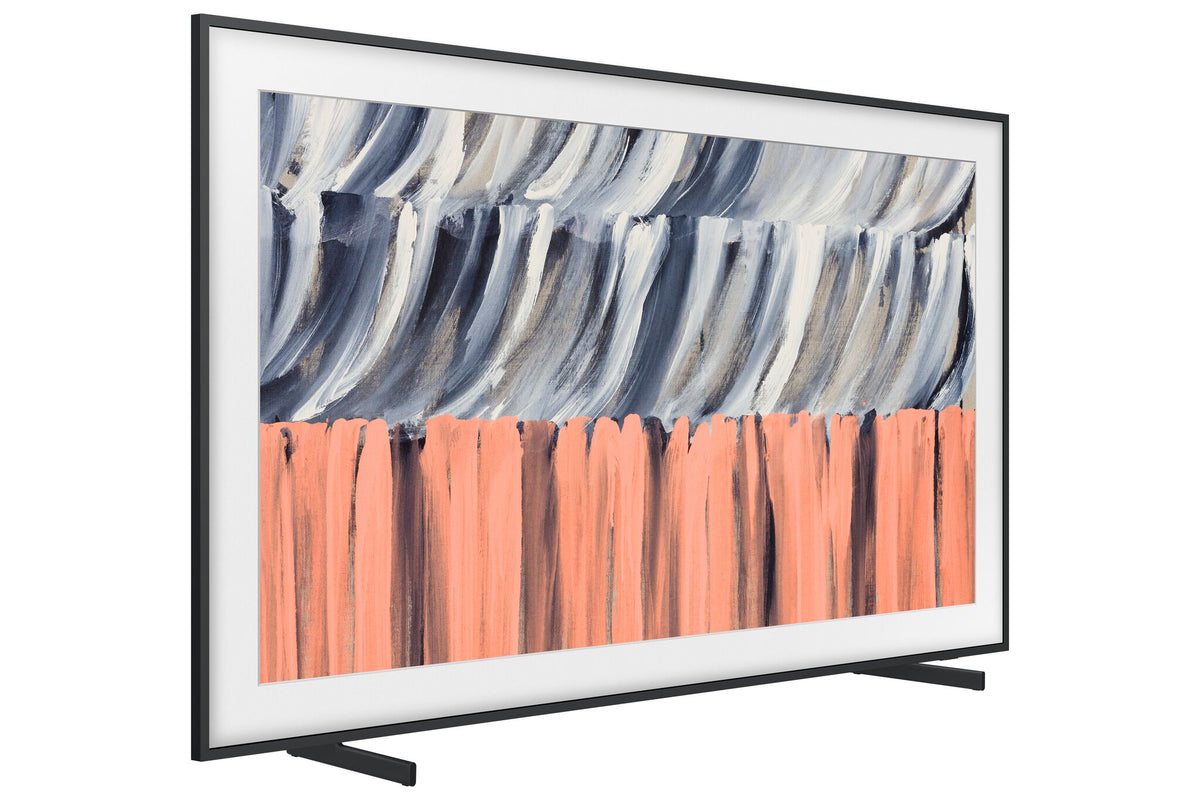Samsung 75-inch The Frame LS03HE Smart TV on two black stand feet, displaying abstract artwork with a white mat-style border