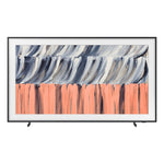 Front view of Samsung 75-inch The Frame LS03HE 4K Smart TV on stand feet, displaying blue, white and coral abstract artwork