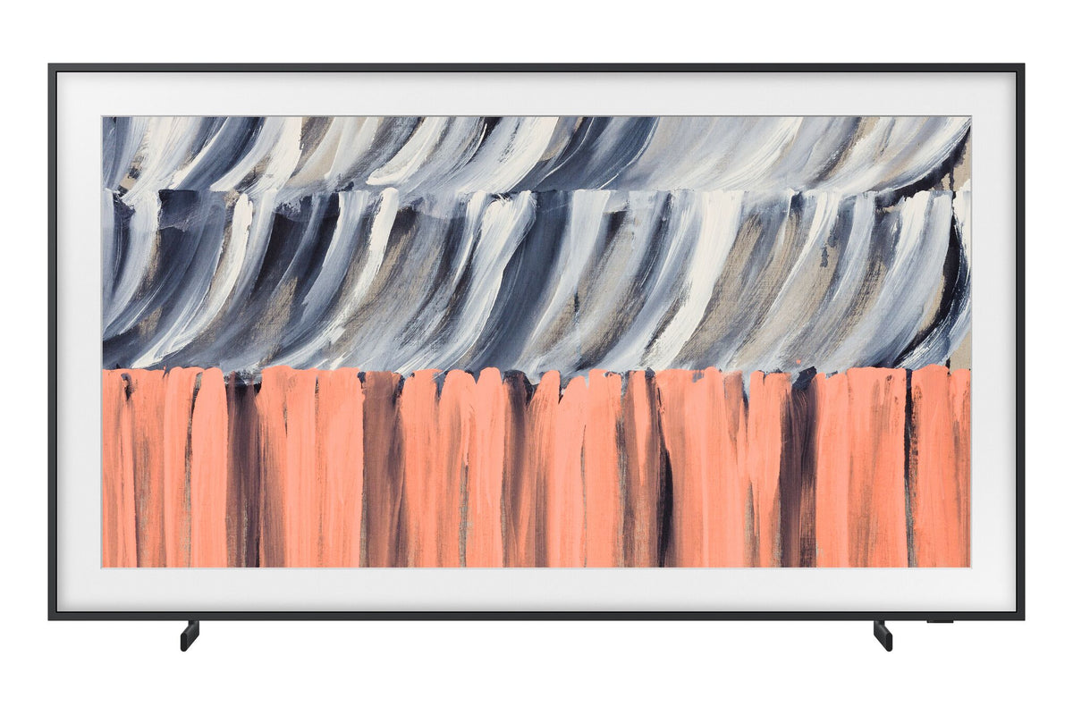Front view of Samsung 75-inch The Frame LS03HE 4K Smart TV on stand feet, displaying blue, white and coral abstract artwork