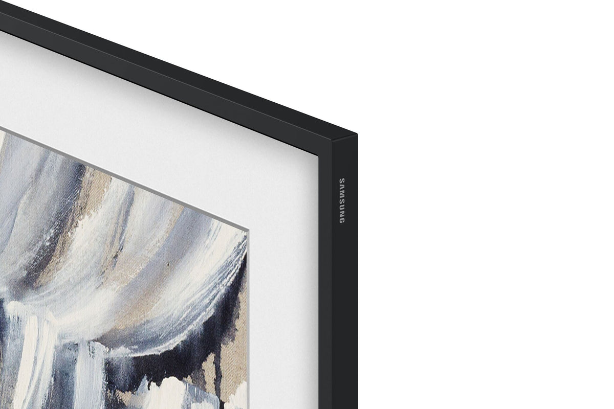 Close-up of Samsung 98-inch The Frame LS03HE Smart TV showing the slim black bezel, Samsung logo and white mat-style Art Mode display