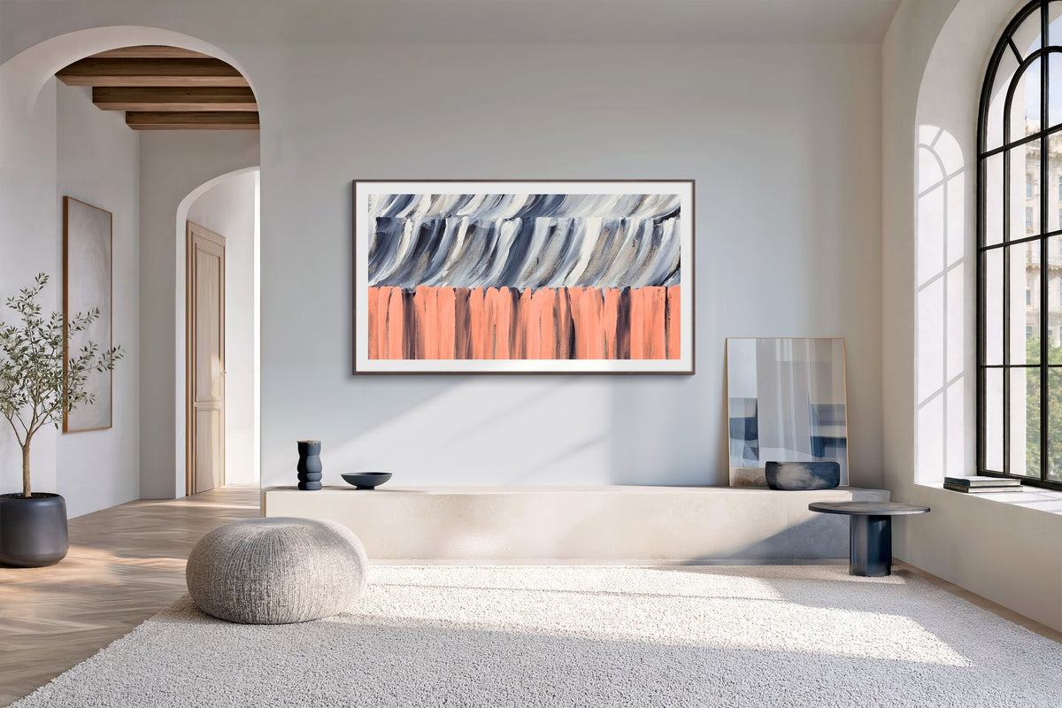 Samsung 98-inch The Frame LS03HE Smart TV mounted like framed artwork in a bright modern living room with arched windows and neutral decor