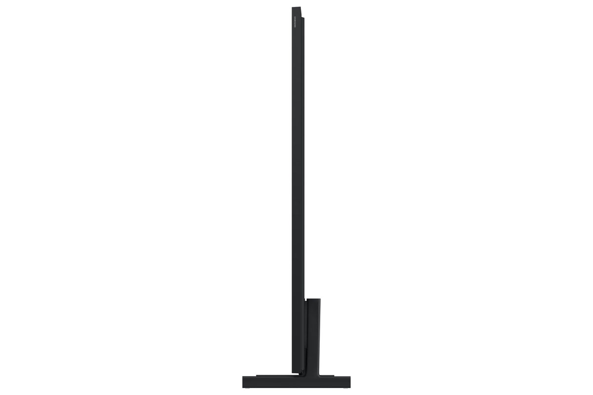 Side profile of Samsung 75-inch The Frame LS03HE Smart TV showing its ultra-slim black frame and supporting stand