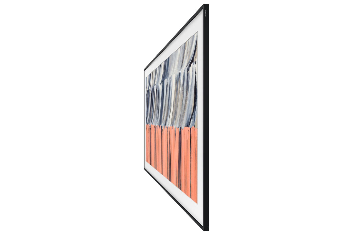 Angled side view of Samsung 75-inch The Frame LS03HE Smart TV highlighting its slim picture-frame profile and Art Mode display