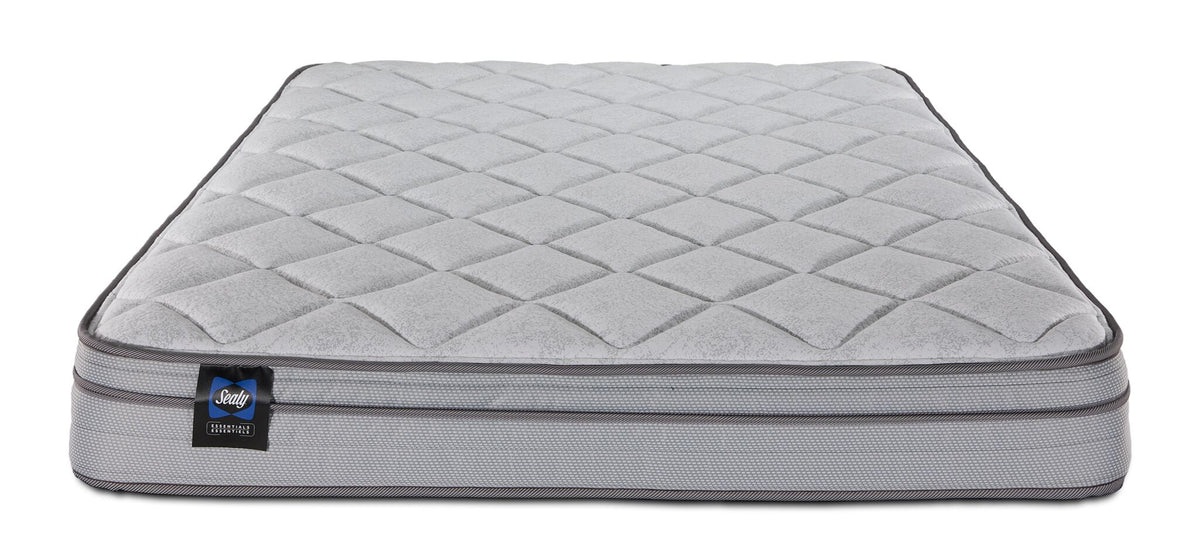 Front view of Sealy Essentials Kairo Medium Euro Top Twin mattress with quilted top and Sealy label