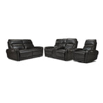 Theo Leather Dual Power Reclining Sofa, Loveseat and Rocker Recliner Set - Charcoal with padded headrests, curved arms and centre console