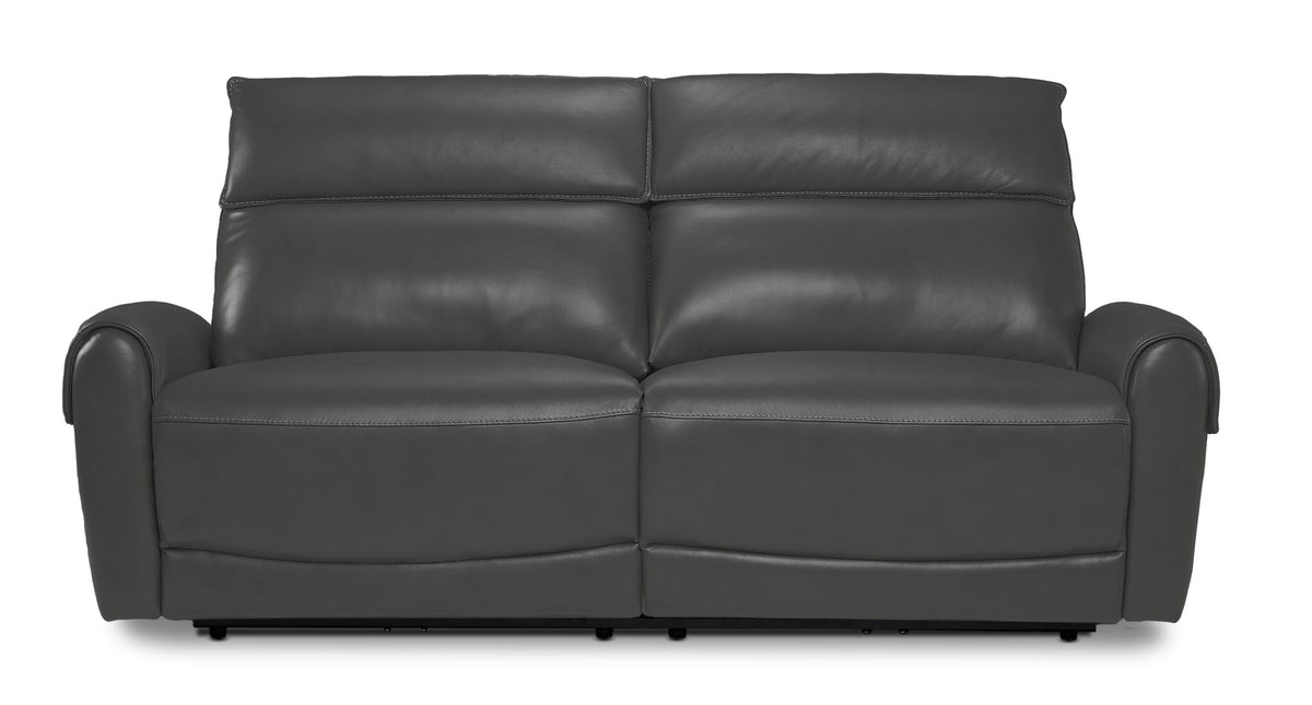 Theo Leather Dual Power Reclining Sofa - Granite front view with two cushioned seats, padded backrests and rounded arms