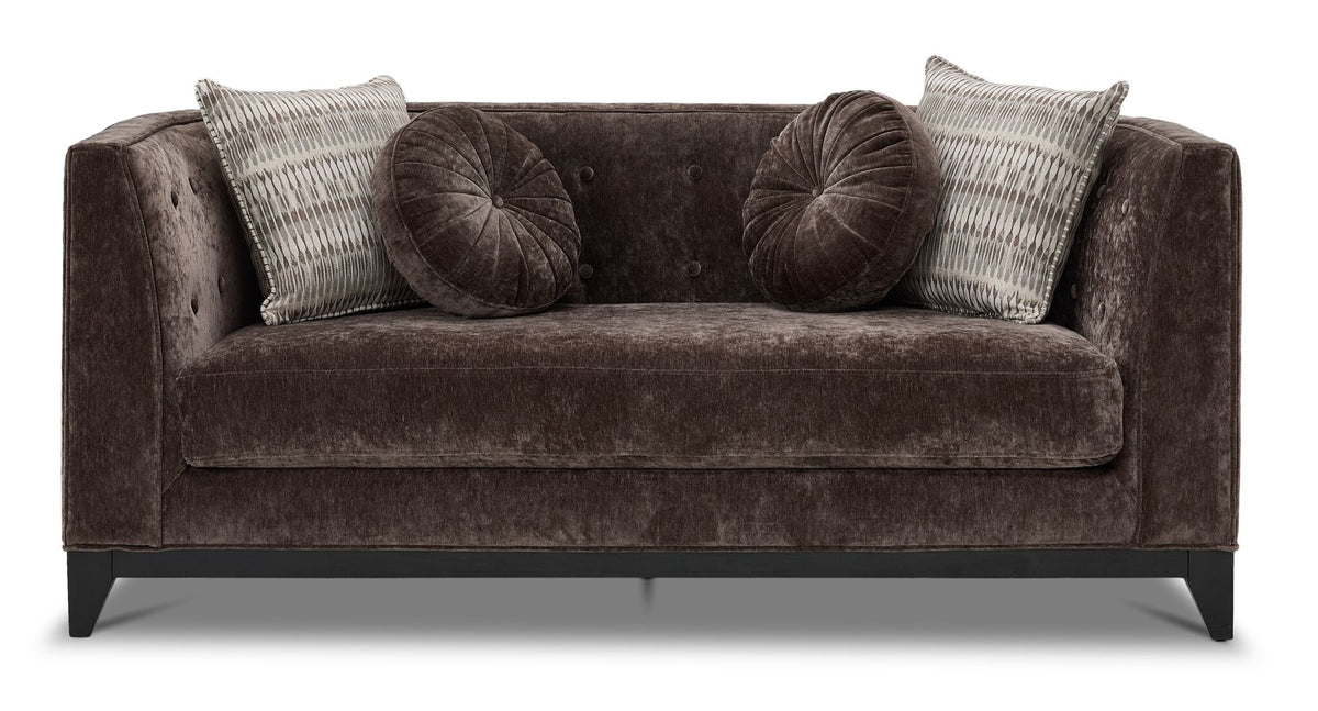 Tresor dark brown loveseat with velvet-finish fabric, button-tufted back and front view