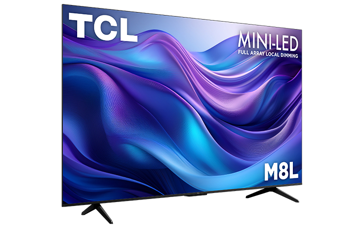 TCL 55" M8L Mini-LED Smart TV angled front view with colourful abstract graphics and two black feet