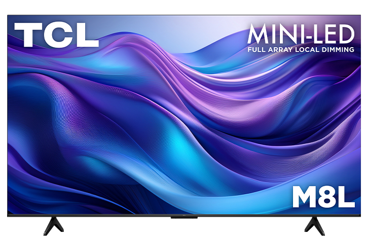 TCL 55-inch M8L Series 4K UHD HDR Mini-LED Smart TV with Google TV shown from the front with colourful abstract graphics on screen