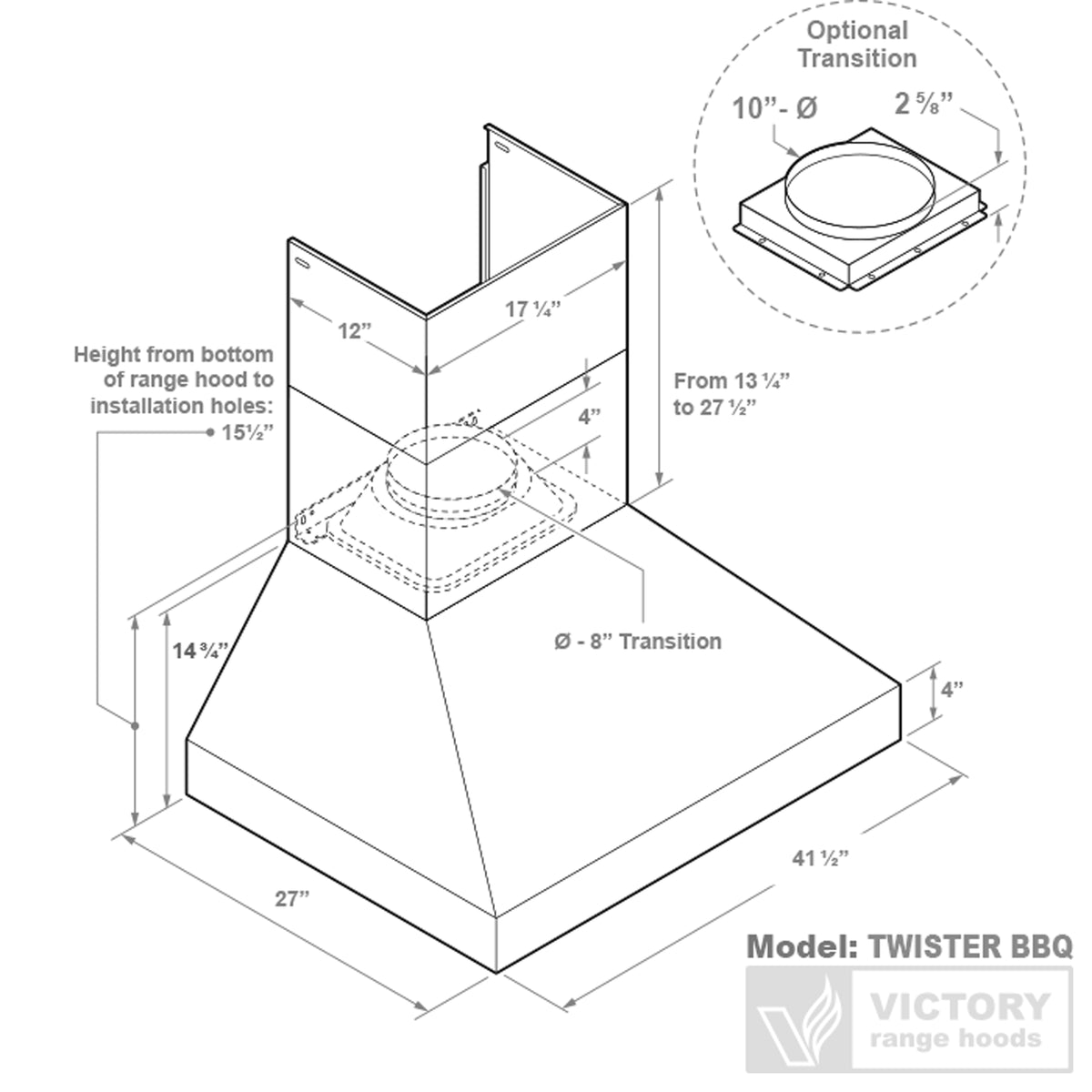 VICTORY Stainless Steel 42-Inch 1200 CFM Wall Mount Range Hood for Outdoor BBQ - Twister-BBQ-42