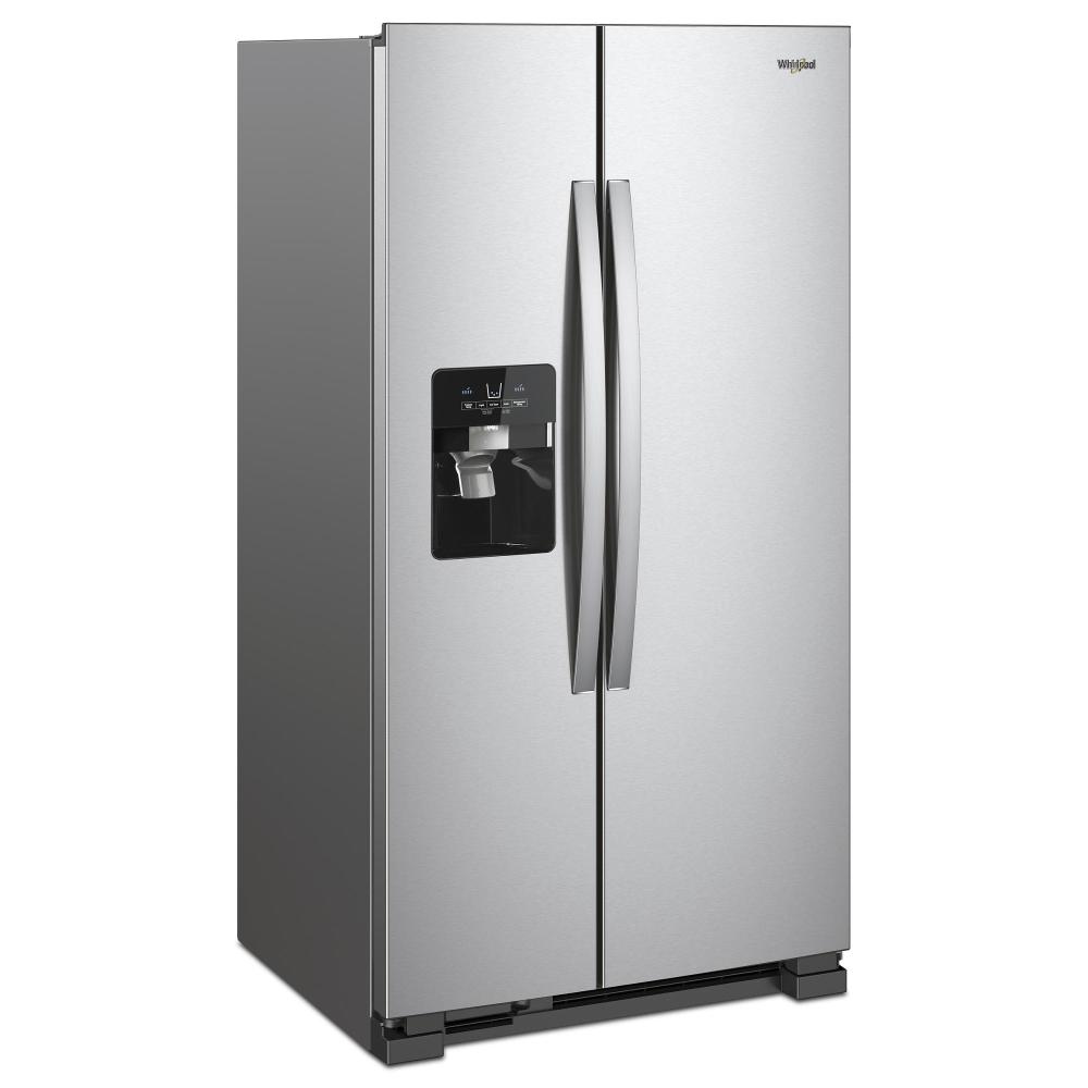 Whirlpool fingerprint resistant stainless steel side-by-side refrigerator shown from the side